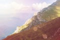 Toned panoramic view over the Carpatian mountains, green valleys Royalty Free Stock Photo