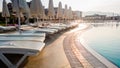 Toned image of empty sun bed at poolside at early morning. Nobody at swimming pool. Empty summer beach hotel resort Royalty Free Stock Photo