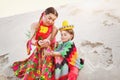 Toned photo of happy Mom and son dressed in