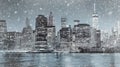 Toned photo of New York City Manhattan downtown skyline at winter night Royalty Free Stock Photo