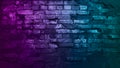 Toned purple blue green brick wall surface. neon effect. Colorful rough background with space for design.