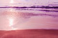 Toned purple photo of beach. Marine background. Sea coast at sunset. Glare of setting sun on wet sand Royalty Free Stock Photo