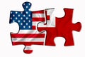 Tonga flag and United States of America flag on two puzzle pieces on white isolated background. The concept of political relations
