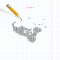 Tonga sketch scribble vector map drawn on checkered school notebook paper background