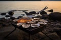 tongs turning oysters on a beach bbq grill