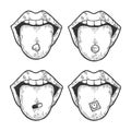 Tongue with drug pills sketch engraving vector