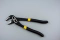 Tongue-and-groove slip-joint pliers detail with movable jaw on a white background