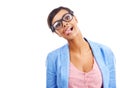 Tongue out, funny and portrait of black woman in studio with glasses for trendy, stylish and cool fashion. Goofy, mockup
