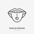 Tongue piercing line icon, vector pictogram of face jewelry. Piercing studio logo, linear illustration