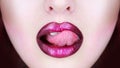 Tongue and mouth. Woman lip, female lips. Beautiful lip, lipstick and lipgloss, passionate. lips, tongue out