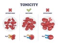 Tonicity as osmotic hypertonic, isotonic, hypotonic pressure outline diagram Royalty Free Stock Photo