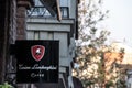 Tonino Lamborghini Caffe logo lit on a cafe bar of Belgrade, during the evening. Lamborghin is one of the biggest coffee producers