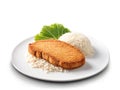 Tonkatsu with breaded pork cutlet cabbage and rice on clean white surface