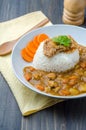 Tonkatsu, Japanese Curry Rice with deep-fried pork cutlet on woo Royalty Free Stock Photo