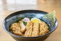 Tonkatsu ramen,noodle soup with battle fired pork,japanese food.