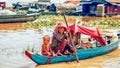 Family on a boat in a floating village on Tonle Sap lake Royalty Free Stock Photo