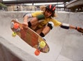 Tony Alva in the half pipe catching air at Oasis. Royalty Free Stock Photo