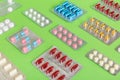 too many different pill of various blisters with different pills Medicines storage at home concept Medication storing. A