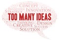 Too Many Ideas typography word cloud create with the text only.