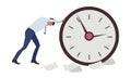 Too many working hours. Man tries to move giant clock. Bad time management Royalty Free Stock Photo