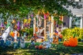 Too much Halloween - House with yard filled with Halloween decorations of every kind including skeleton on toilet seat and many Royalty Free Stock Photo