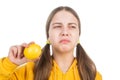 too sour. natural organic fresh lemon. healthy life. kid facial expression. Royalty Free Stock Photo