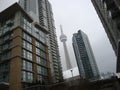 CN Tower downtown Toronto on a cloudy day.