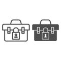 Tool box line and solid icon. Suitcase with repair service tools, locked toolbox symbol, outline style pictogram on