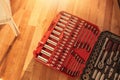Tool box,set of bits and wrenches on laminated floor. Royalty Free Stock Photo