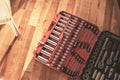 Tool box,set of bits and wrenches on laminated floor. Royalty Free Stock Photo