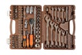 Tool box, set of wrenches and bits isolated on white background. Tools kit. Top view Royalty Free Stock Photo