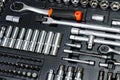 Tool box, tool kit closeup with set of hex, torx and screwdriver bits and ratchet wrench sockets Royalty Free Stock Photo