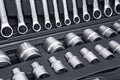 Tool box, tools kit detail close up. Set of socket wrench in plastic box closeup. Set of tools for repair in a case Royalty Free Stock Photo