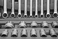 Tool box, tools kit detail close up. Set of wrenches and bits. Open tool box draws with tools spanners shifters Royalty Free Stock Photo