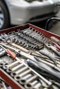 Tool box wagen. Toolset with wrenches, ring spanners, hammer, pliers, screwdrivers, monkey wrenches, screws, bolts, wire Royalty Free Stock Photo