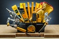 Tool box wirh many construction tools on wood boards Royalty Free Stock Photo