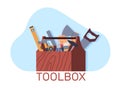 Tool box. Wooden container with different instruments for mechanic and carpenter. Hammer, saw and wrenches in chest