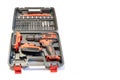 Tool case with electric drill of batteries without cables and different bits and screwdrivers, photo copyspace. Royalty Free Stock Photo