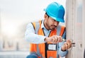 Tool, engineering and man with air conditioner for repair, maintenance and inspection on roof. Solar power, construction Royalty Free Stock Photo