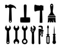 Tool icon set with hammer, mallet, paintbrush, wrench, screwdriver, bradawl clip art logo vector Royalty Free Stock Photo