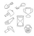 Tool icon set: spade, watch, hammer, pickaxe, saw, key, lock, money Royalty Free Stock Photo