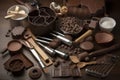 tool kit with variety of chocolate-making tools, ranging from mixers and sifters to blenders and rolling pins