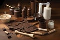 tool kit with variety of chocolate-making tools, ranging from mixers and sifters to blenders and rolling pins