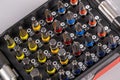 Tool kit with various screwdriver bits organized in a case Royalty Free Stock Photo