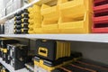 Tool Storage Box and Tool Chests Protective cases for tools and devices.colorful plastic Storage boxes on Shelf for accessories or Royalty Free Stock Photo