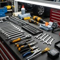 Tool. The tools have yellow and black handles. Nearby are a blue Royalty Free Stock Photo