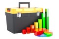 Toolbox with growth bar graph and pie chart, 3D rendering Royalty Free Stock Photo