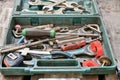 Toolbox in a locksmith shop for repairing mechanical equipment. Open-end wrenches, screwdrivers, pliers and other locksmith tools