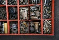 Old wooden Box for metal bolt, nut, crew, nail Royalty Free Stock Photo