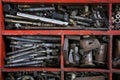 Old wooden Box for metal bolt, nut, crew, nail Royalty Free Stock Photo